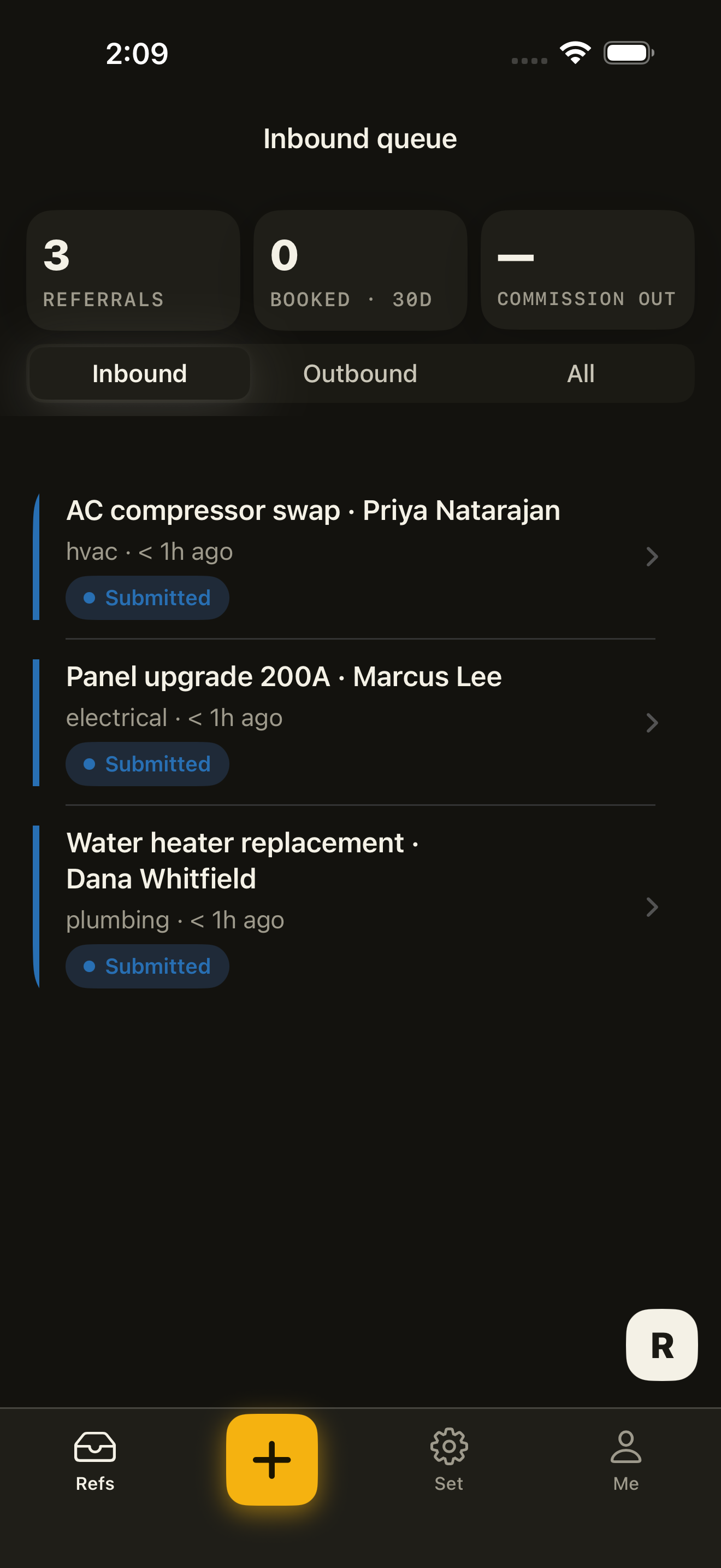 RefSource iOS app showing the inbound referral queue with three referrals, status pills, and live KPIs